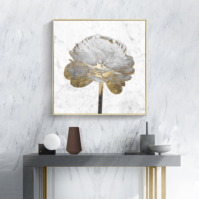 60cmx60cm canvas art featuring gold and white blossoms on a white background, framed in a stylish floating frame.
