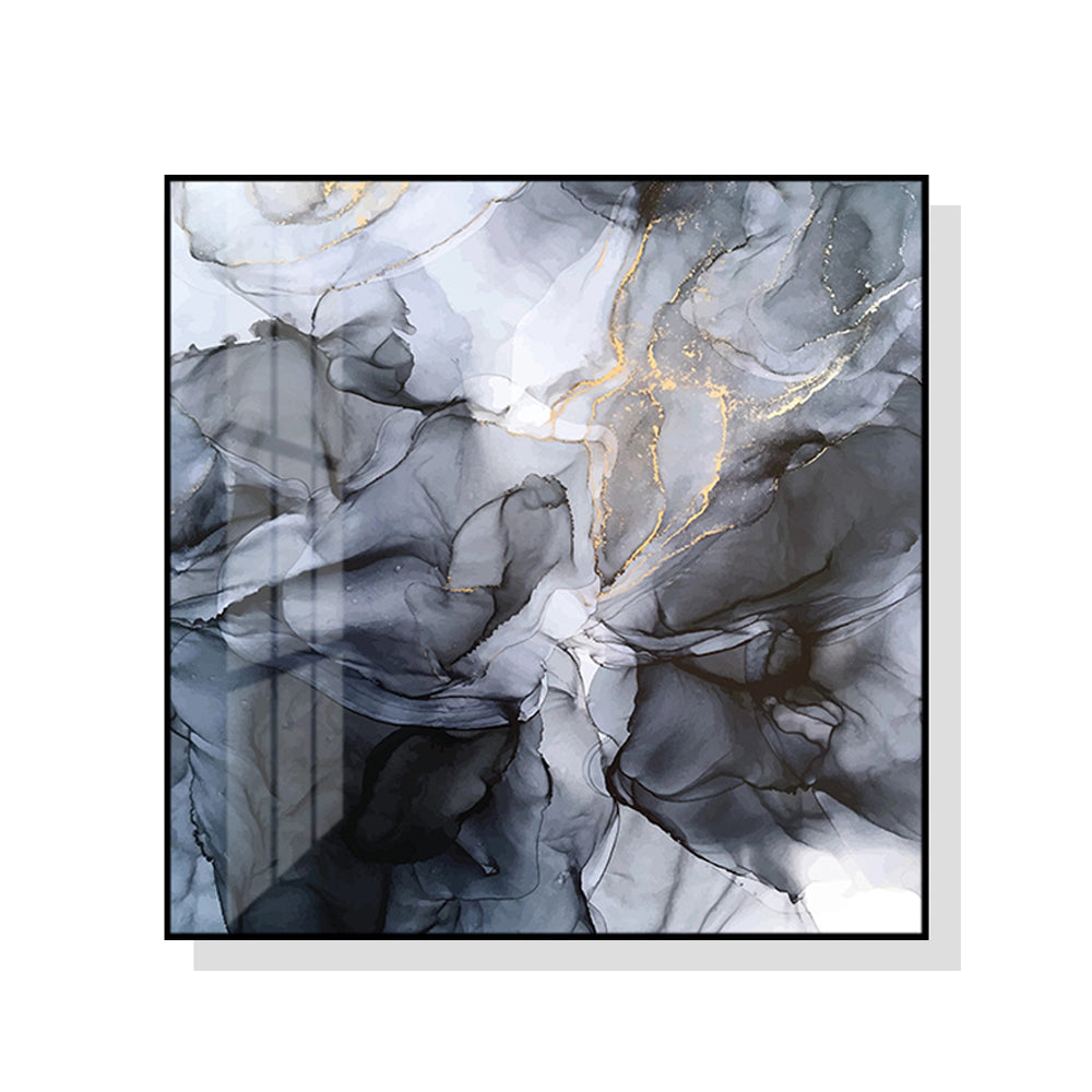 60cmx60cm Marbled Black Grey Canvas Wall Art with a black frame, showcasing a modern design perfect for home decor.