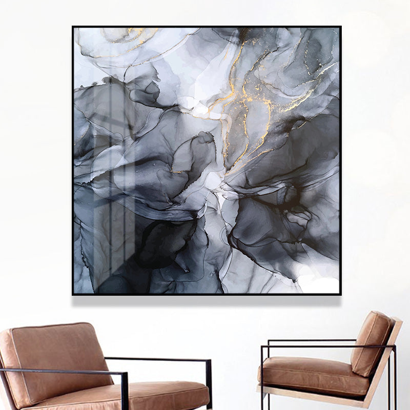 60cmx60cm Marbled Black Grey Canvas Wall Art with a black frame, showcasing a modern design perfect for home decor.