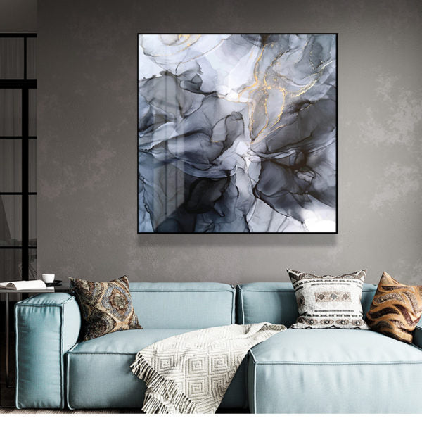 60cmx60cm Marbled Black Grey Canvas Wall Art with a black frame, showcasing a modern design perfect for home decor.