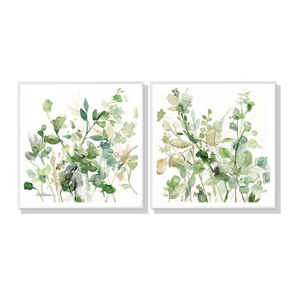 60cmx60cm Sage Garden canvas wall art by Carol Robinson, framed in white with a floating effect, showcasing vibrant colors and intricate details.