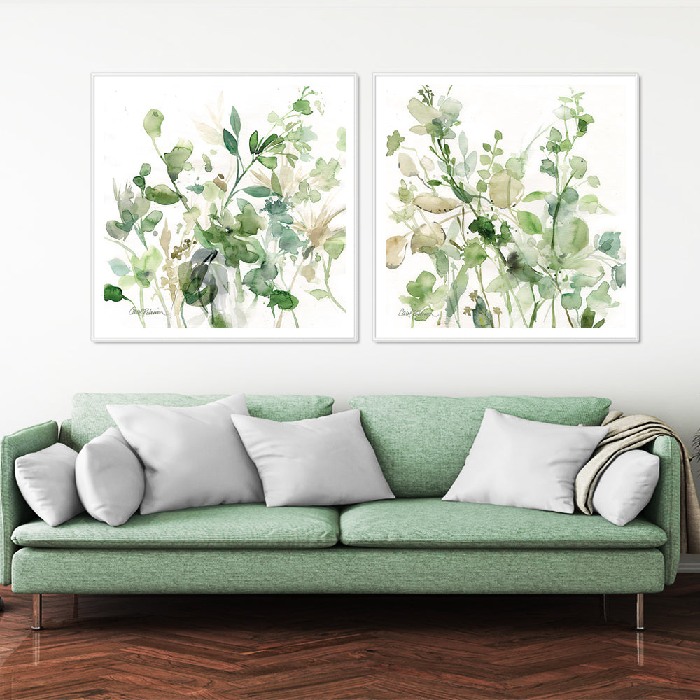 60cmx60cm Sage Garden canvas wall art by Carol Robinson, framed in white with a floating effect, showcasing vibrant colors and intricate details.