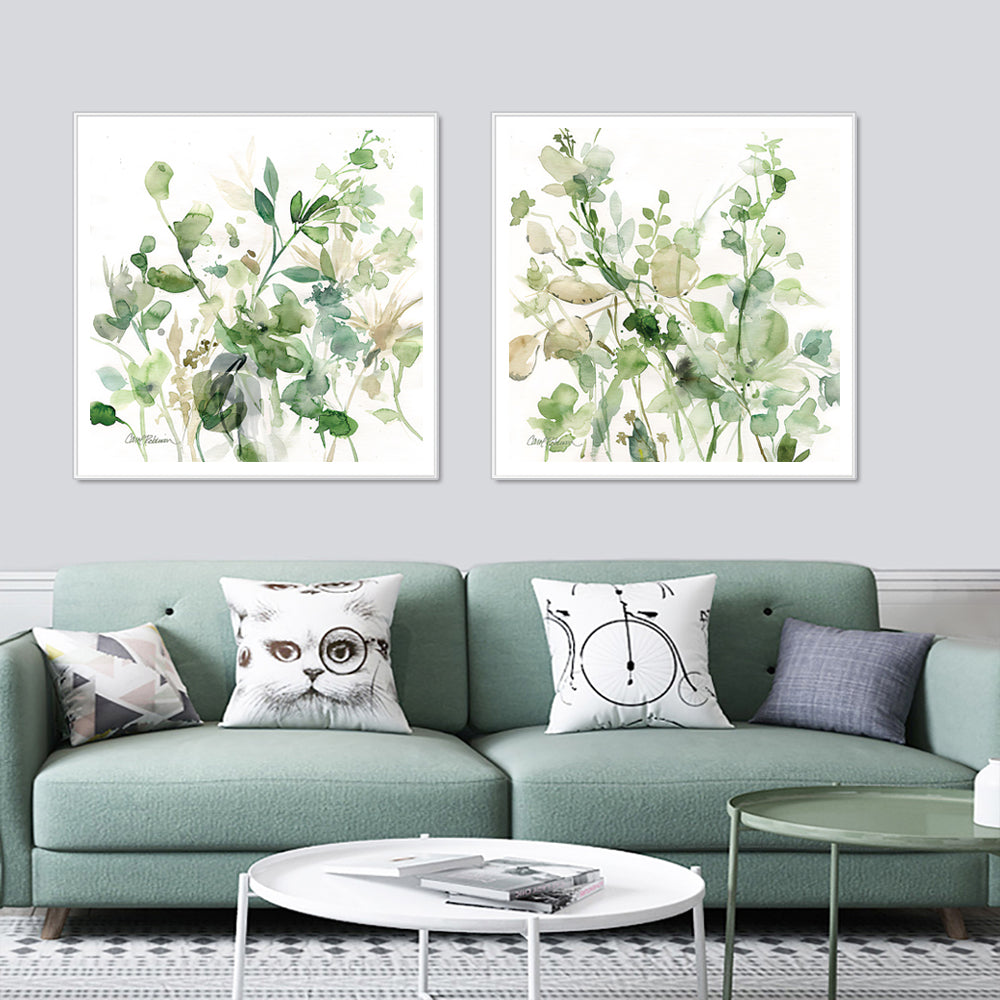 60cmx60cm Sage Garden canvas wall art by Carol Robinson, framed in white with a floating effect, showcasing vibrant colors and intricate details.