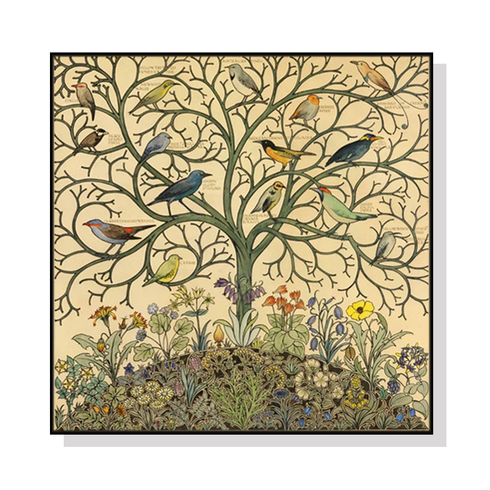 60cmx60cm Tree Of Life canvas wall art in a black frame, showcasing vibrant colors and a floating effect.