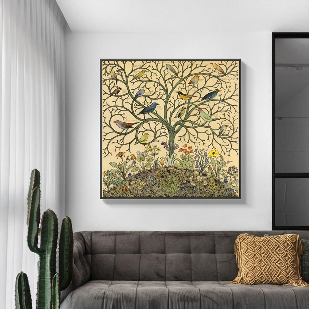 60cmx60cm Tree Of Life canvas wall art in a black frame, showcasing vibrant colors and a floating effect.