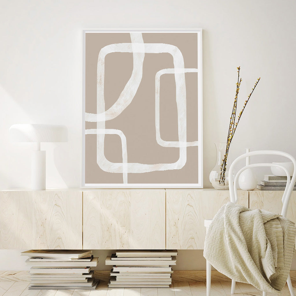 60cmx90cm Abstract White Lines canvas wall art framed in white, showcasing a modern design with a floating effect.