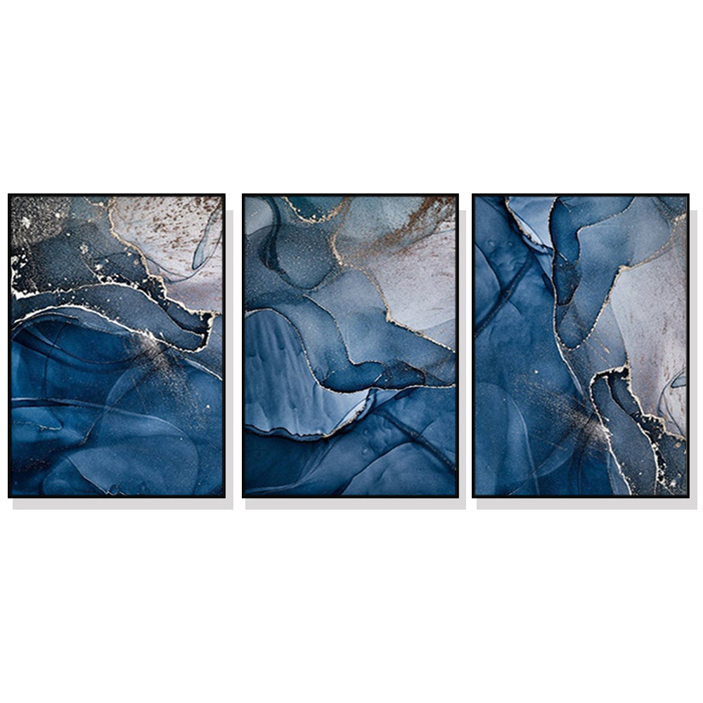 60cmx90cm Blue Gold Marble Canvas Wall Art framed in black, showcasing vibrant colors and a floating effect.