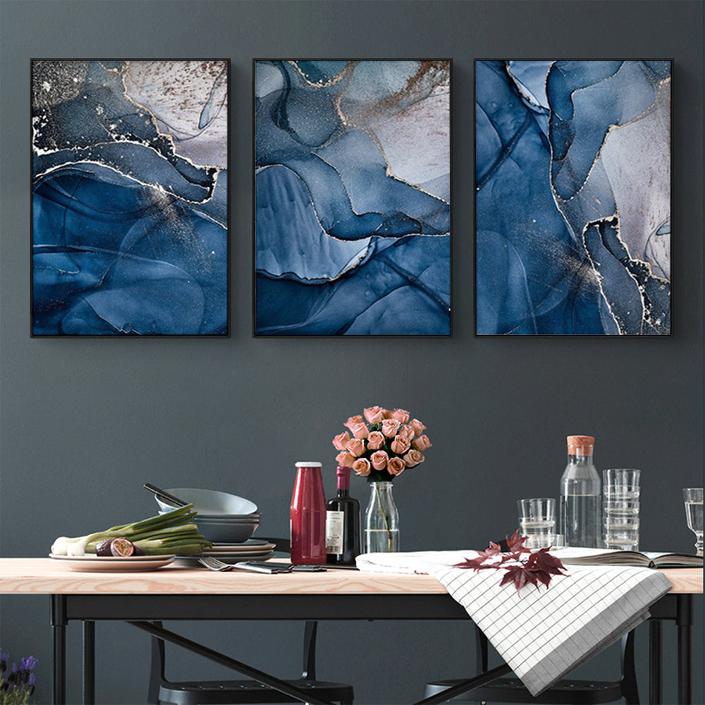 60cmx90cm Blue Gold Marble Canvas Wall Art framed in black, showcasing vibrant colors and a floating effect.