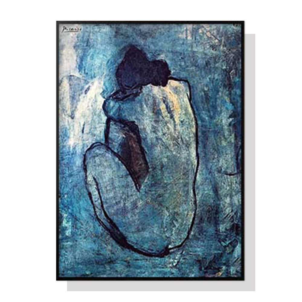 60cmx90cm canvas wall art featuring Picasso's Blue Nude, framed in a sleek black floating frame, ready to hang.