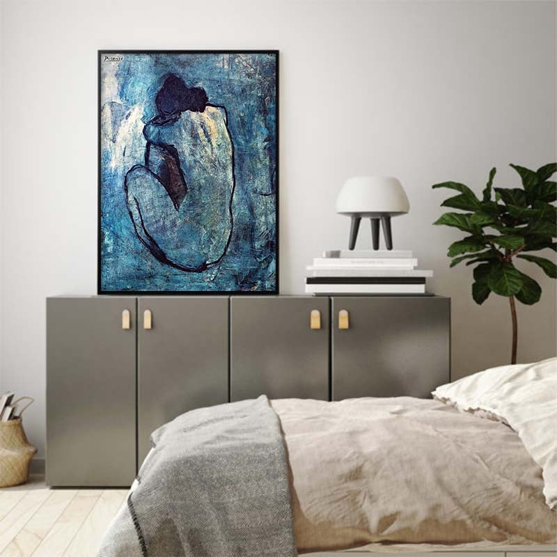 60cmx90cm canvas wall art featuring Picasso's Blue Nude, framed in a sleek black floating frame, ready to hang.