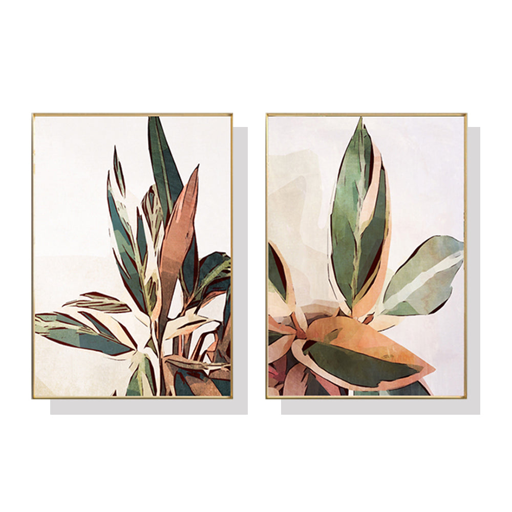 Two sets of 60cmx90cm botanical leaves canvas wall art framed in elegant gold, showcasing vibrant green leaves against a neutral background.