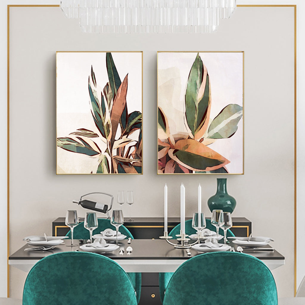 Two sets of 60cmx90cm botanical leaves canvas wall art framed in elegant gold, showcasing vibrant green leaves against a neutral background.