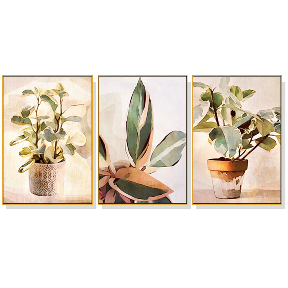 60cmx90cm Botanical Leaves Watercolor Canvas in gold frame, showcasing vibrant green leaves and elegant design.