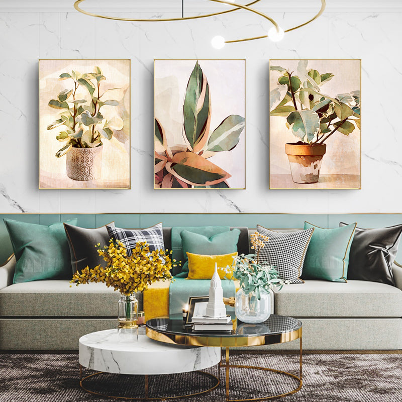 60cmx90cm Botanical Leaves Watercolor Canvas in gold frame, showcasing vibrant green leaves and elegant design.