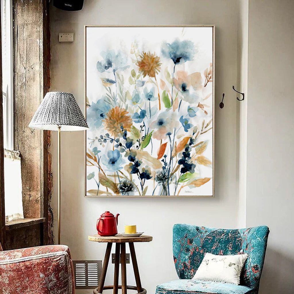 A vibrant 60cmx90cm canvas print featuring colourful floral watercolour art, elegantly framed in a gold floating frame.