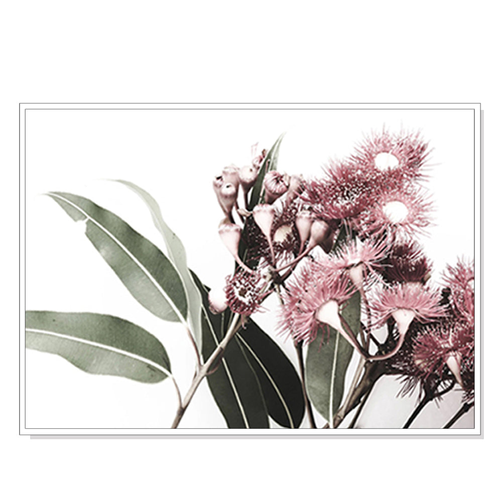 60cmx90cm canvas wall art featuring eucalyptus design in a white floating frame, perfect for home decor.