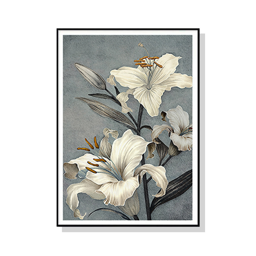 60cmx90cm Floral Lily II canvas wall art in a black frame, showcasing vibrant floral designs.