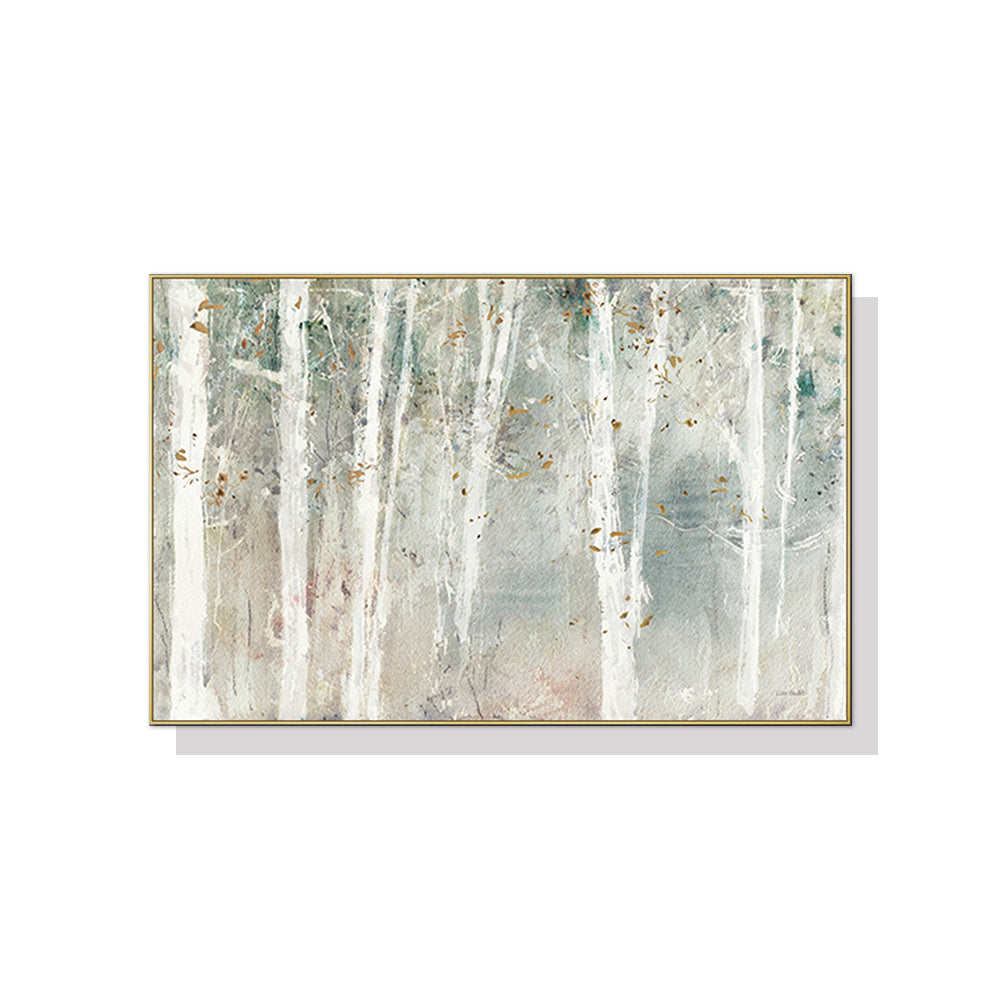 A beautifully framed 60cmx90cm canvas wall art depicting a serene forest scene, elegantly presented in a gold frame.