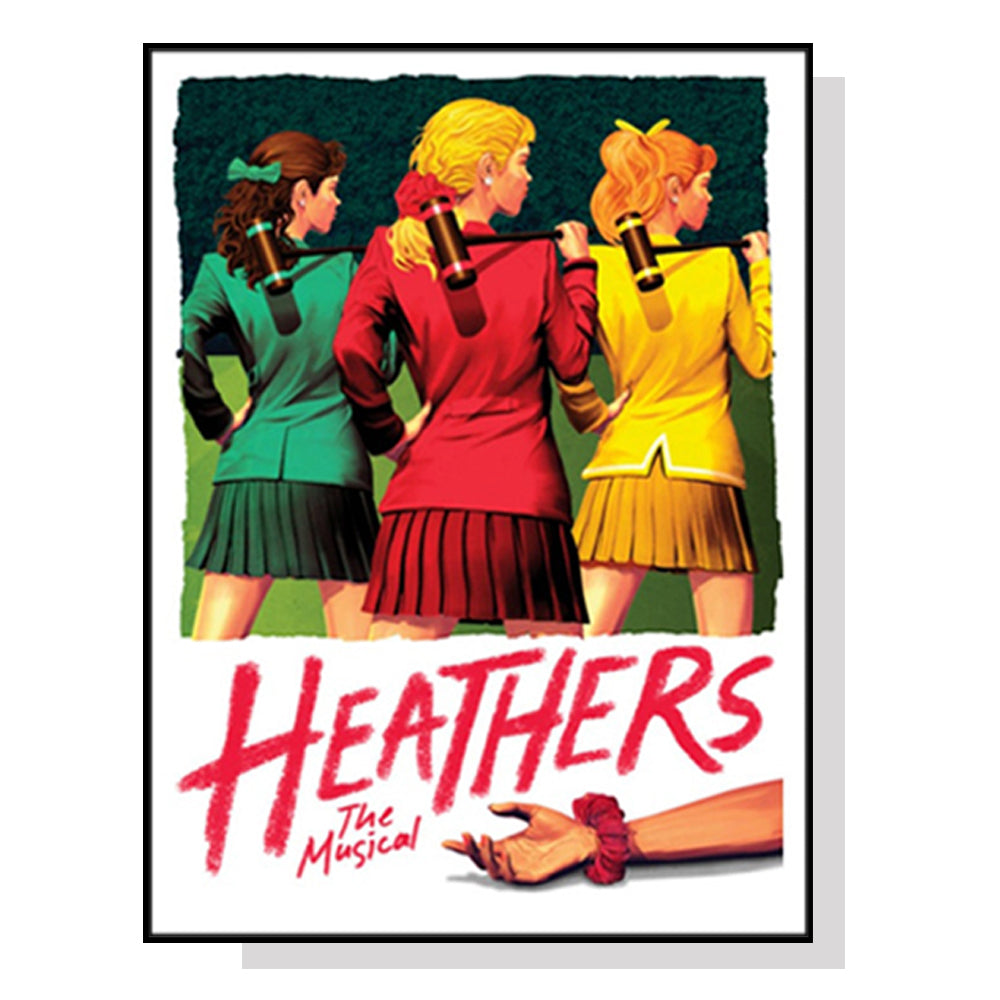 60cmx90cm Heathers The Musical canvas wall art framed in black, showcasing vibrant colors and a floating effect.