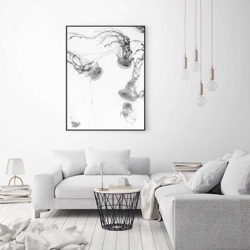 60cmx90cm Jellyfish Black Frame Canvas Wall Art featuring vibrant colors and a floating frame design.