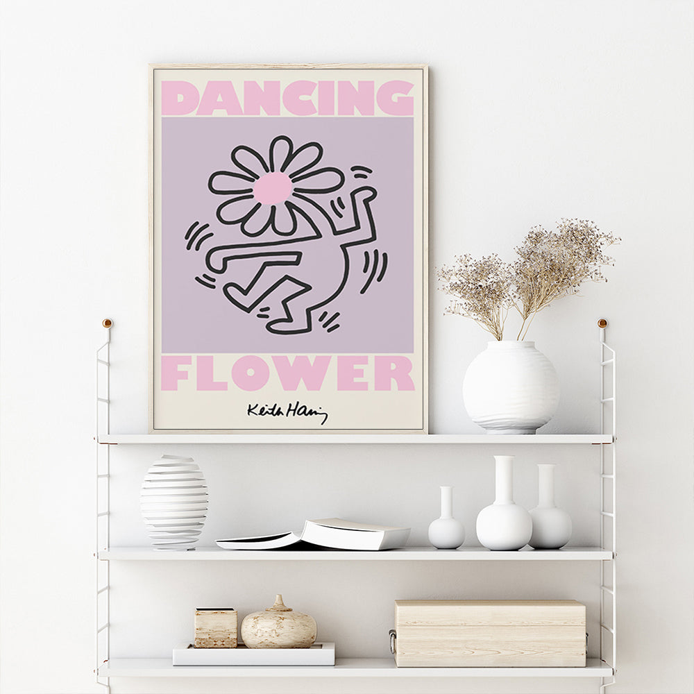 60cmx90cm Keith Haring Dancing Flower canvas wall art framed in a wooden floating frame, showcasing vibrant colors and intricate details.