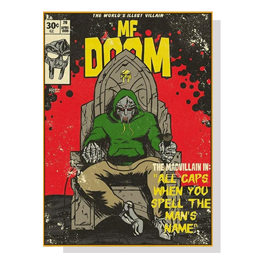 60cmx90cm MF DOOM Music Canvas Wall Art in a gold frame, showcasing vibrant colors and a floating effect.