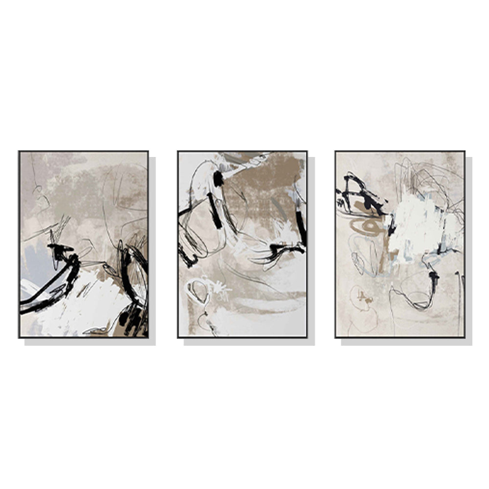 Three-piece modern abstract beige canvas wall art set in black frames, showcasing elegant design and premium quality.