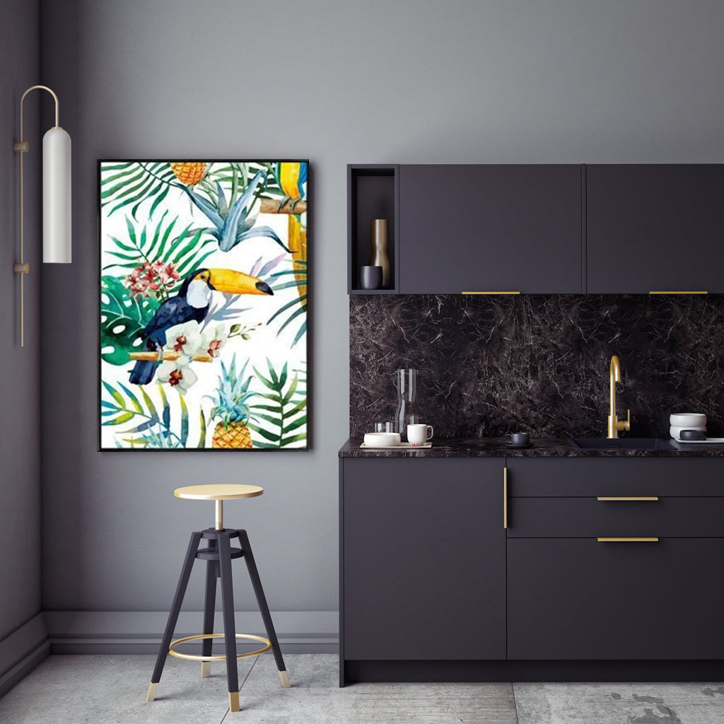60cmx90cm Toucan plants Black Frame Canvas Wall Art showcasing vibrant toucan and plant design in a sleek black frame.