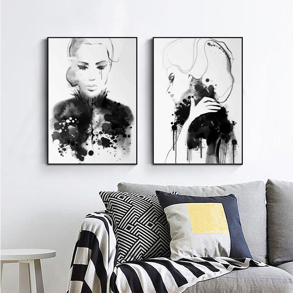 Two sets of 60cmx90cm watercolor sketch canvas wall art framed in black, showcasing vibrant colors and a floating effect.