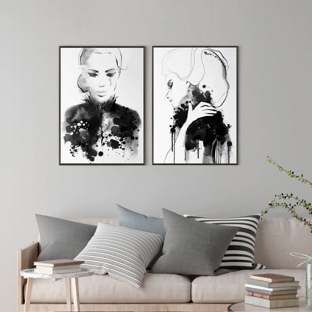 Two sets of 60cmx90cm watercolor sketch canvas wall art framed in black, showcasing vibrant colors and a floating effect.