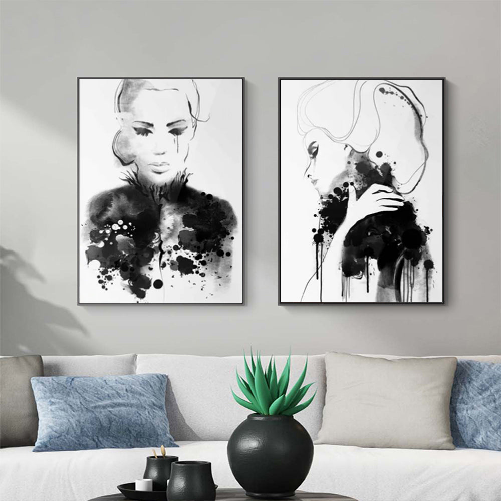 Two sets of 60cmx90cm watercolor sketch canvas wall art framed in black, showcasing vibrant colors and a floating effect.