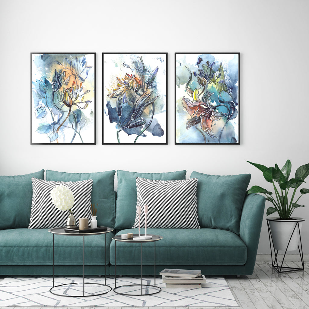 Three sets of 60cmx90cm watercolor style abstract flower canvas prints framed in black, showcasing vibrant colors and a floating effect.