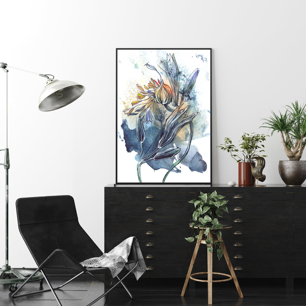 Three sets of 60cmx90cm watercolor style abstract flower canvas prints framed in black, showcasing vibrant colors and a floating effect.