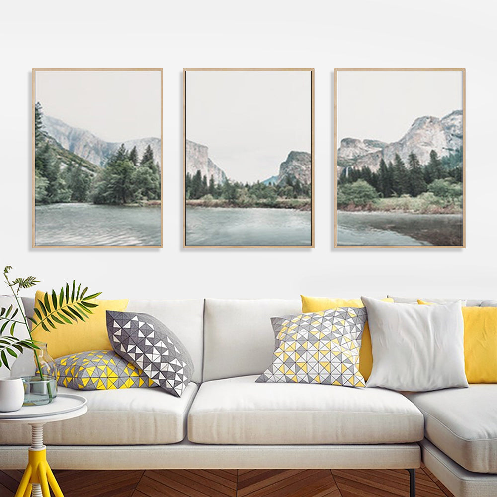 A beautifully framed canvas print of Yosemite Valley National Park, showcasing vibrant colors and a floating frame design.