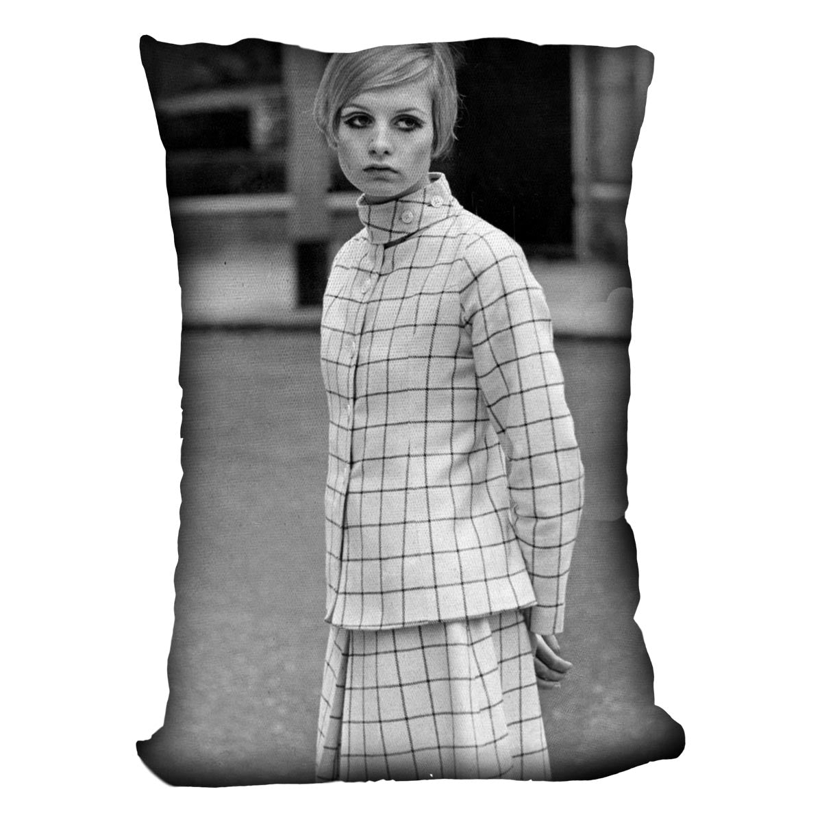 60s model Twiggy Cushion featuring vibrant abstract designs on luxurious vegan faux suede, perfect for home decor.