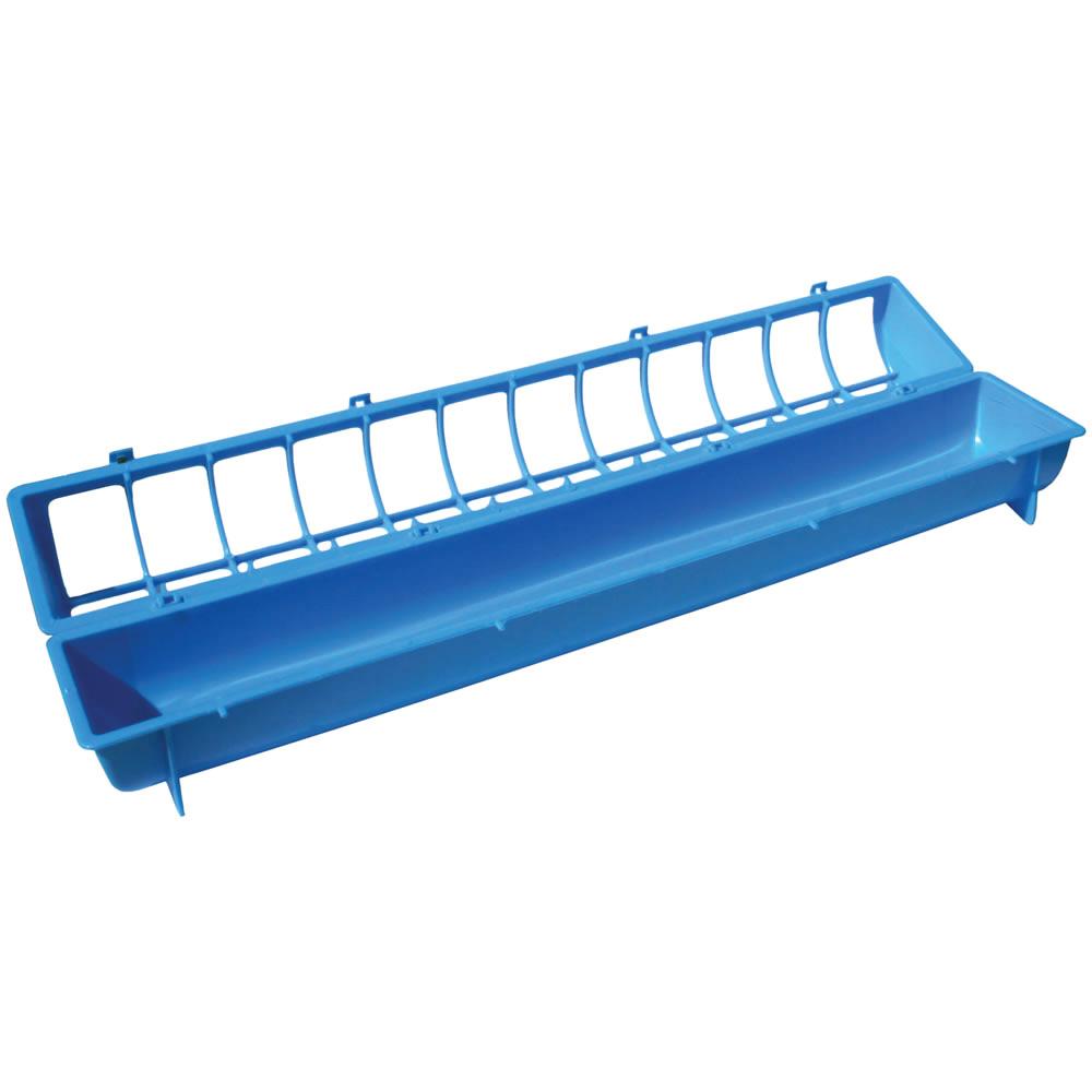 68cm Long Blue Poultry Feeder with a flip top design, suitable for chickens and pigeons, featuring separations to minimize feed wastage.