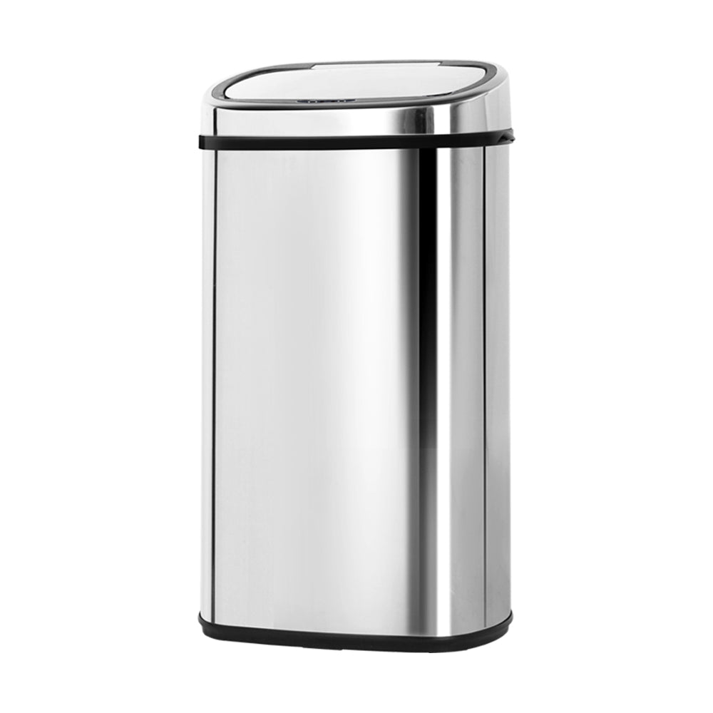 A sleek 68L stainless steel motion sensor rubbish bin with a hands-free lid, ideal for modern kitchens.
