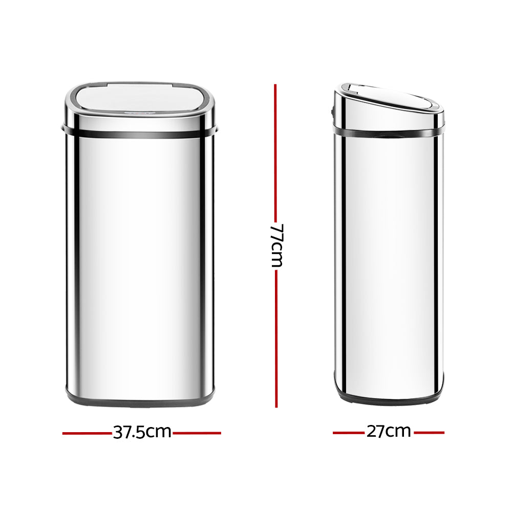 A sleek 68L stainless steel motion sensor rubbish bin with a hands-free lid, ideal for modern kitchens.