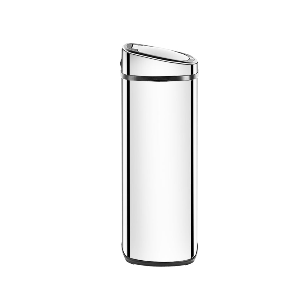 A sleek 68L stainless steel motion sensor rubbish bin with a hands-free lid, ideal for modern kitchens.