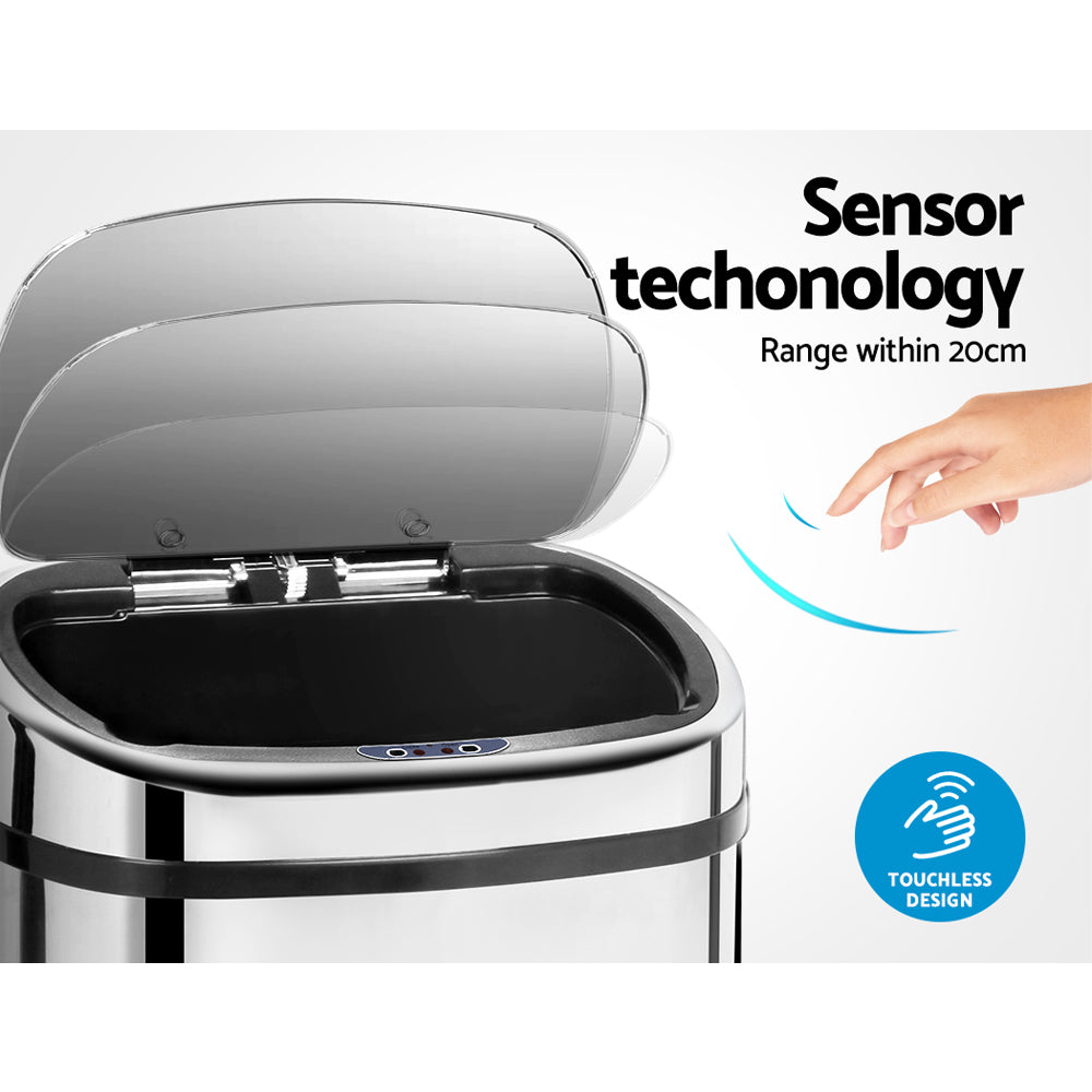 A sleek 68L stainless steel motion sensor rubbish bin with a hands-free lid, ideal for modern kitchens.