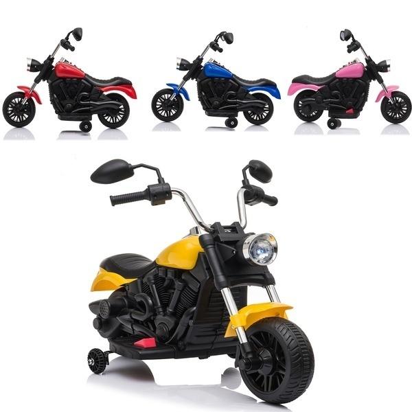 A vibrant 6V Kids Electric Ride on Motorcycle with training wheels, designed for children aged 3-8, showcasing its colorful body and LED headlight.