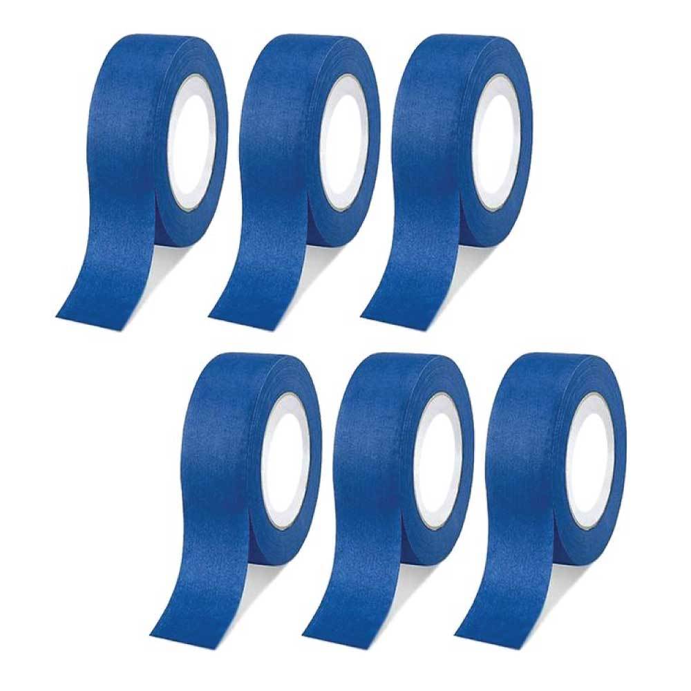 6 rolls of blue masking tape, 48mm wide and 50m long, ideal for outdoor painting and UV resistant.