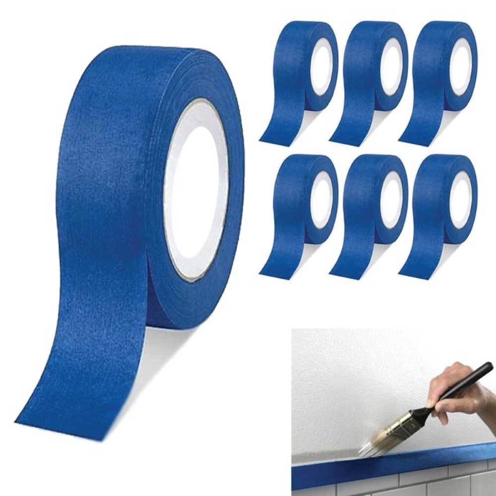 6 rolls of blue masking tape, 48mm wide and 50m long, ideal for outdoor painting and UV resistant.