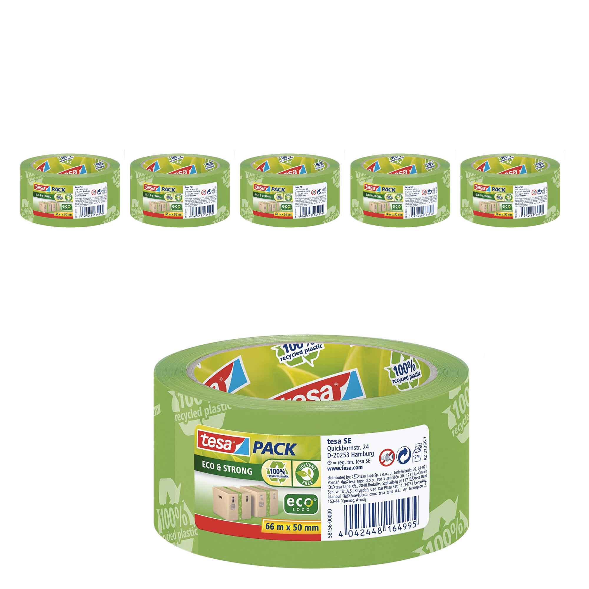 6 rolls of Tesa 58156 Eco Green Packing Tape, made from 100% recycled materials, ideal for sealing boxes and cartons.