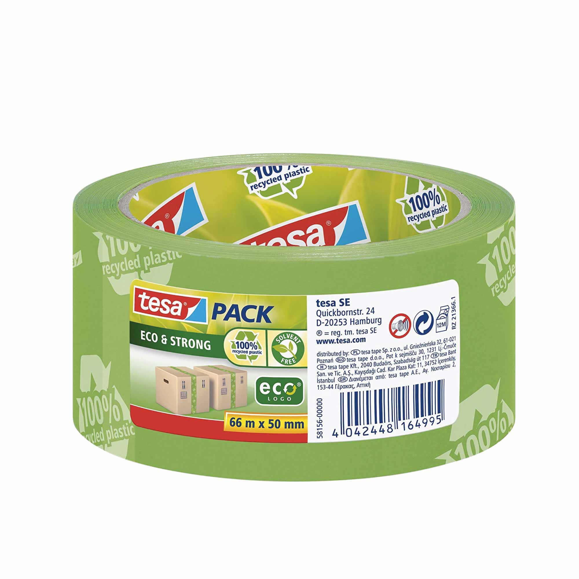 6 rolls of Tesa 58156 Eco Green Packing Tape, made from 100% recycled materials, ideal for sealing boxes and cartons.