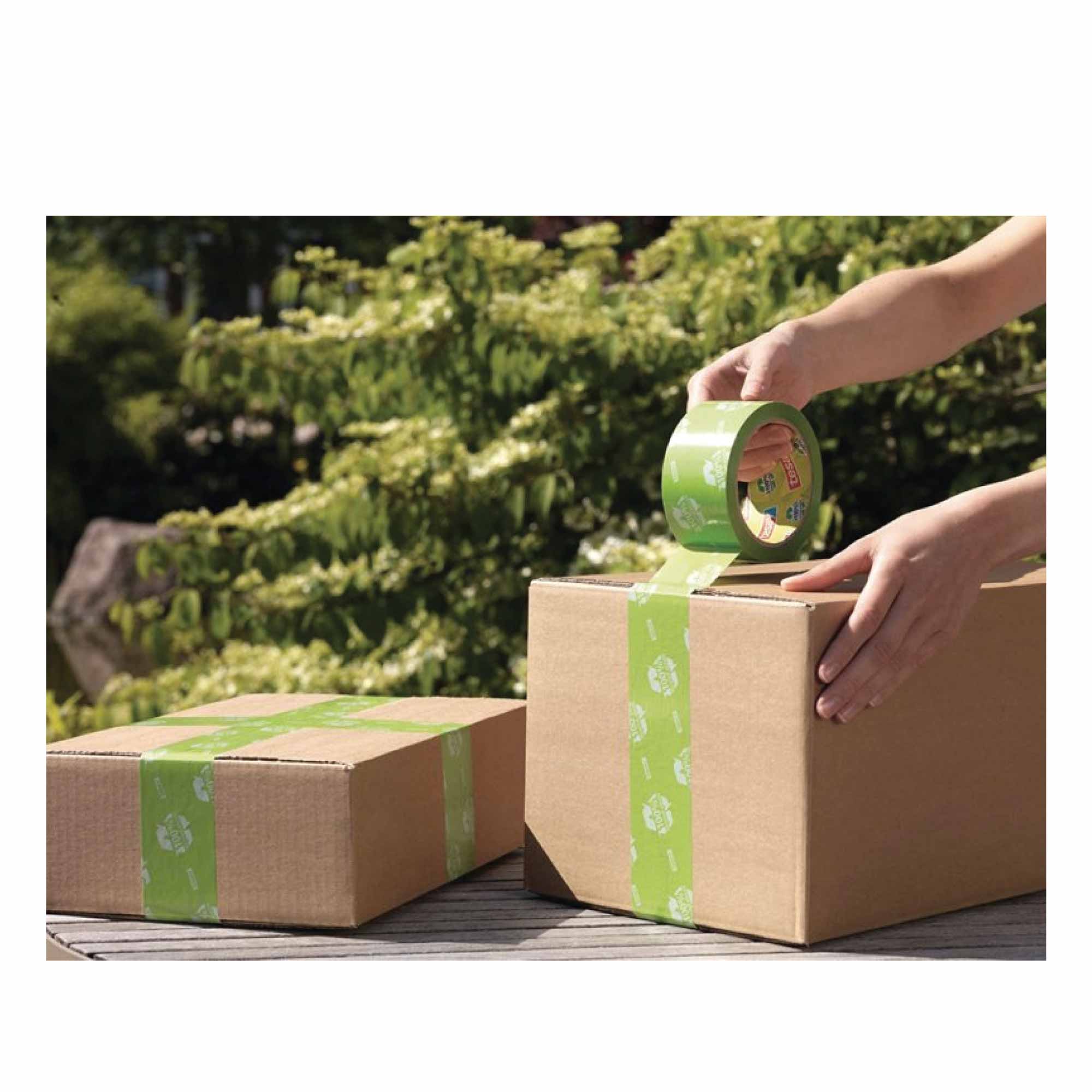 6 rolls of Tesa 58156 Eco Green Packing Tape, made from 100% recycled materials, ideal for sealing boxes and cartons.