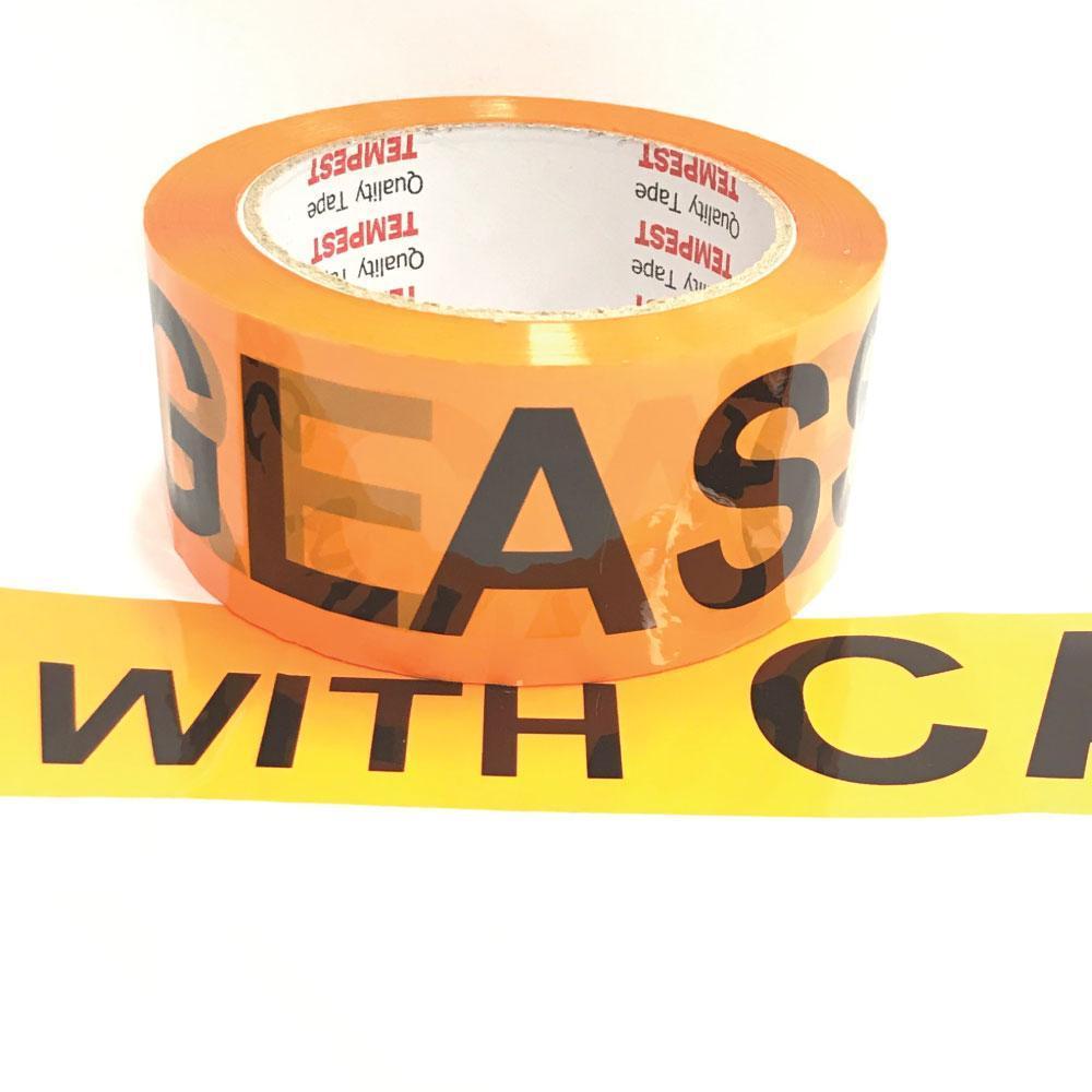 6 rolls of fluorescent orange and black glass dispatch tape, labeled 'With Care', ideal for packaging and shipping.