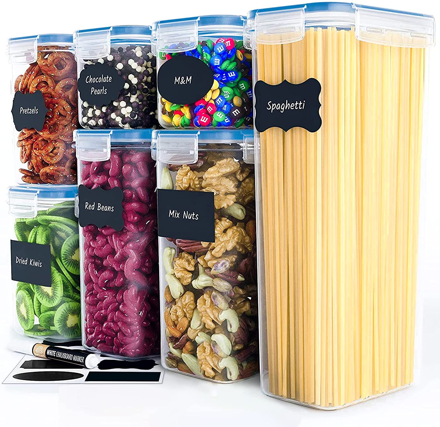 Set of 7 blue BPA-free plastic food storage containers, various sizes, stackable design for kitchen organization.