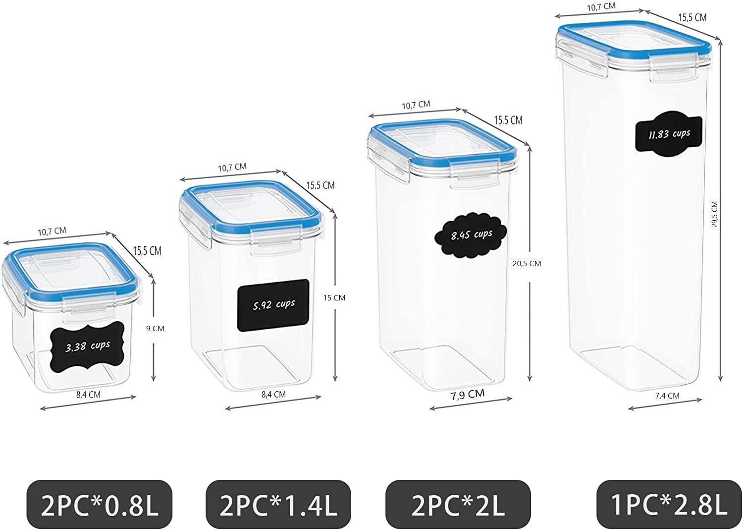 Set of 7 blue BPA-free plastic food storage containers, various sizes, stackable design for kitchen organization.