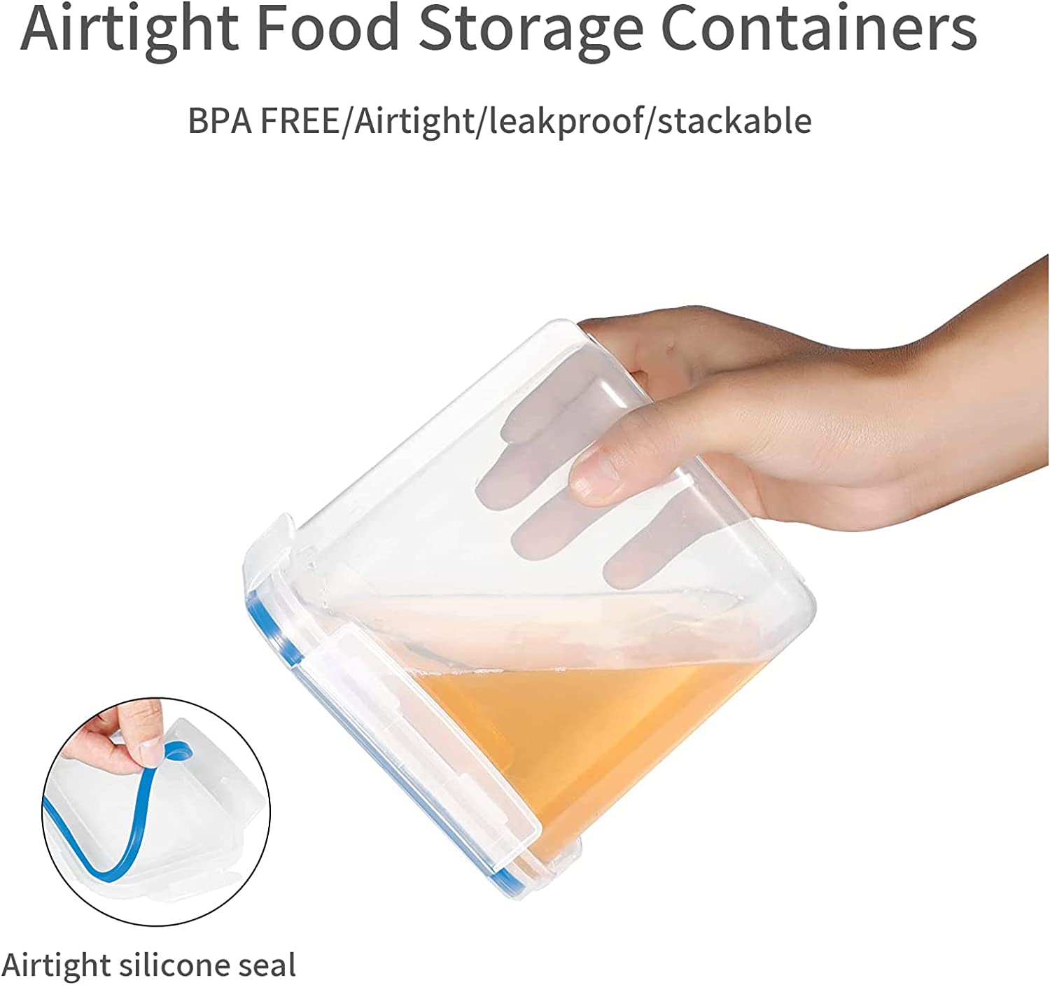 Set of 7 blue BPA-free plastic food storage containers, various sizes, stackable design for kitchen organization.